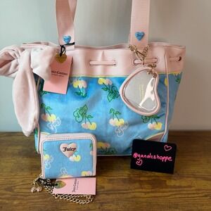 New Juicy Couture Cherry Gelato Retro Blue Pink Daydreamer Tote Handbag Wallet